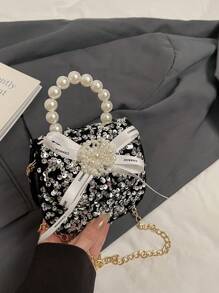 Pu Magnet Closed Fashion Bow Sequin Pearl Handbag Bag, Niche Design Exquisite Girls Lipstick Dinner Chain Bag Comfortable Sweet Fashionable One-Shoulder Crossbody Mini Bag, Smooth And Versatile And Not Picky, Suitable For Daily Outings, Play, Use The Perfect Gift For Girls, Friends, And Relatives. - Pearl Handbag - View 13