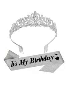 生日绶带和皇冠银色生日绶带女士生日皇冠成人女士闪光生日绶带女士生日头饰公主皇冠生日装饰派对回礼品 - 銀色 - 查看 1