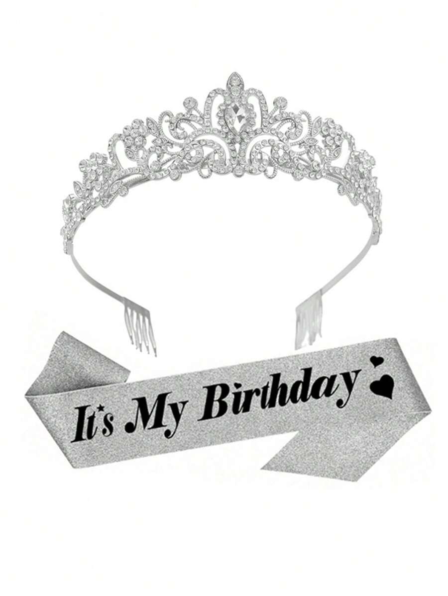 生日绶带和皇冠银色生日绶带女士生日皇冠成人女士闪光生日绶带女士生日头饰公主皇冠生日装饰派对回礼品 - 銀色 - 查看 1