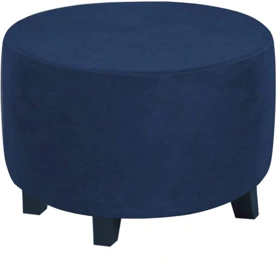 Real Velvet Plush Fabric Round Ottoman Slipcover Footstool Protector Covers Storage Stool Ottoman Covers - Navy - View 1