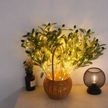 1 pieza Lámpara con rama de olivo artificial de luz cálida, decoración de árbol de olivo falso brillante verde para habitación, boda, fiesta de cumpleaños, centro de mesa festivo