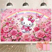 Sanrio 1 Pezzo di Licenza Bandiera Decorativa di Sfondo per Feste di Compleanno a Tema Cartone Animato con Gatto Bianco, Rosa e Arcobaleno, Perfetto Elemento Decorativo per Decorazione di Camera da Letto, Doccia, Foto, 210x150x100/100x75 cm