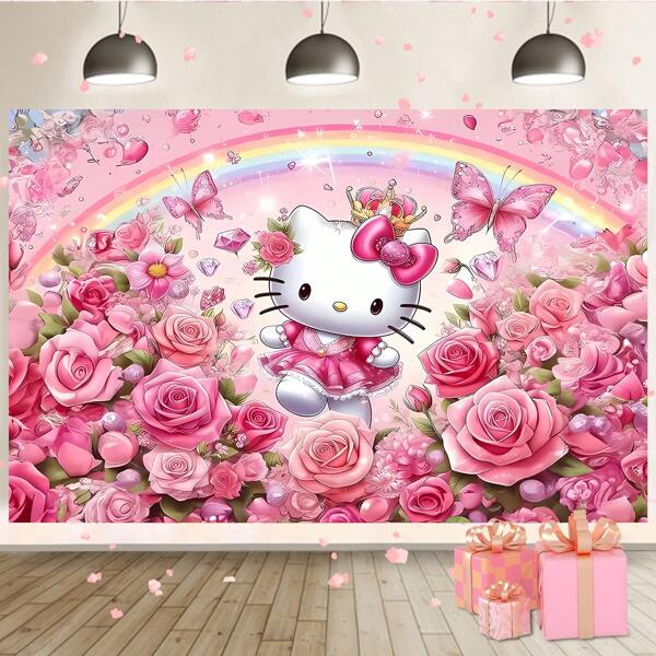 Sanrio 1 Pezzo di Licenza Bandiera Decorativa di Sfondo per Feste di Compleanno a Tema Cartone Animato con Gatto Bianco, Rosa e Arcobaleno, Perfetto Elemento Decorativo per Decorazione di Camera da Letto, Doccia, Foto, 210x150x100/100x75 cm