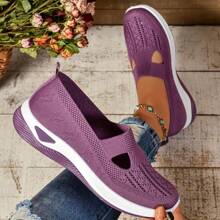 Teal Lightweight Breathable Knit Slip-On Sneakers - Comfortable Walking Shoes With Detail, All-Season Flat Sports Shoes For Large Size Ladies - 紫色 - 查看 2