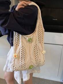 Bolso de mano de punto elegante - Bolso de hombro de ganchillo floral de gran capacidad para uso versátil y de commuting, vacaciones casuales, playa, bolso de hombro, bolso de tote