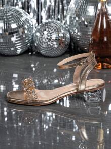 Women's Crystal Heel Glass Rhinestone Champagne Color Plus Size High Heeled Sandals