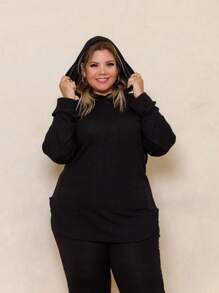Lanzinha Pantalona Straight Pants And Hooded Top Plus Size Set - 黑色 - 查看 4