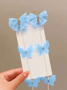 2件套 女孩蓝色蝴蝶结珍珠公主可爱复古流苏发夹，发饰，发卡 - 藍色 - 查看 3