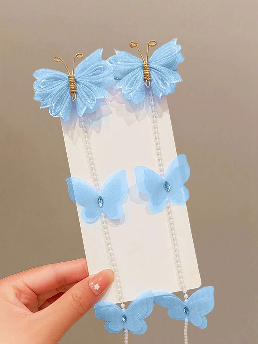 2pcs/Set Girls' Blue Bow Pearl Princess Cute Retro Tassel Hair Clips, Hair Accessories, Hair Pins - Blue - View 1