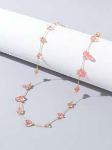 1pc Pink Rhinestone Chain Necklace, Suitable For Beach Vacation Wear - Transparent Powder - View 3