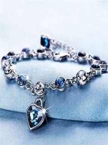 1pc Ocean Heart Crystal Heart Bracelet With Rhinestone Embellished Bow-Knot Design - Blue - View 3