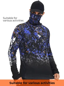 RODEEL 男士连帽 T 恤带面罩渐变印花插肩速干透气长袖适合户外运动钓鱼和徒步旅行