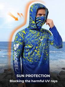 RODEEL Men's Hooded T-Shirt With Face Mask Gradient Printed Raglan Quick-Drying Breathable Long Sleeves Suitable For Outdoor Sports Fishing And Hiking