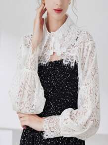 1pc Women Fashion Lace Long Sleeve Shrug Crop Top With Eyelash Trim, Midriff Baring Semi-Blouse Mock Neck Style - Black - View 8