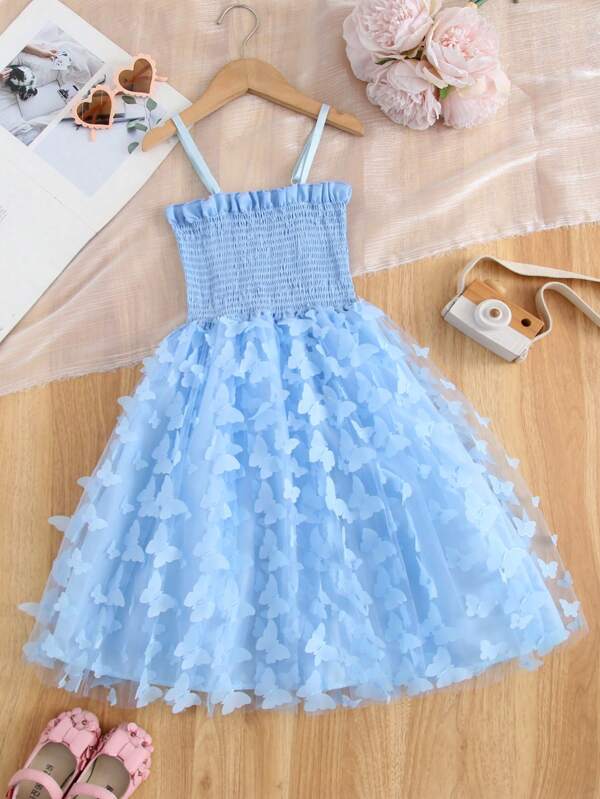 1 pieza Vestido de fiesta con volantes de tul y bordado de mariposa 3D elegante y lindo para niñas, adecuado para fiestas de cumpleaños, festivales y ocasiones festivas durante todo el año