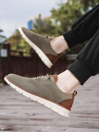 Men's Breathable Mesh Slip-On Casual Sneakers, Lightweight Hollow Design Low-Top, Available In Plus Size Men's Casual Khaki Breathable Sports Sneakers, Fitness Running Leisure Shoes