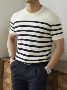 Men's Casual Black & White Striped Knit Short Sleeve T-Shirt - Black and White - View 7
