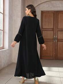 Elegant Solid Color Turkish Style Women Long Sleeve Maxi Abaya Dress With Zipper And Waist Tie