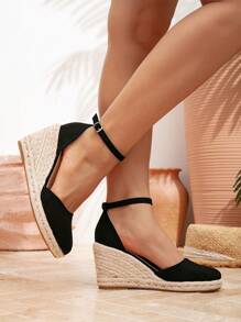 Nuevas sandalias de plataforma con cuña y puntera cerrada, de color negro tejido, para mujer - Negro - Ver 5