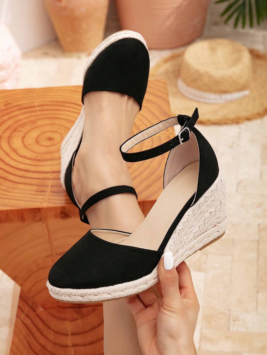 Nuevas sandalias de plataforma con cuña y puntera cerrada, de color negro tejido, para mujer