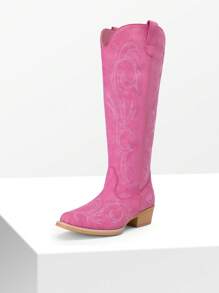Women's Chunky Heel Embroidered Western Boots Pull On Side Zipper Knee High Boots Comfortable Fashionable Versatile Casual Outdoor Western Cowboy Cowgirl Boots - 玫紅色 - 查看 4