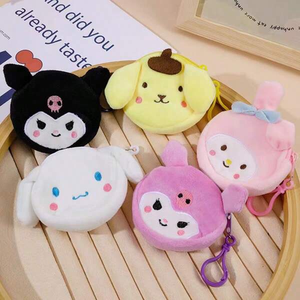 Sanrio 1 Pieza Bolso pequeño universal tipo monedero, bolsa de peluche de Sanrio con diseño de dibujos animados lindo para mujer, bolsa para estudiante para monedas, auriculares