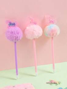 2pcs/Set Cartoon Unicorn Fluffy Pom Pom Ball Pen, Glittery Cylinder Shaped Pens, Student Children Gift Stationery, Random Tie-Dye Locations - Multicolor - View 10