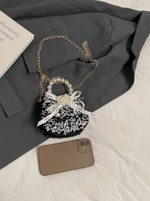 Pu Magnet Closed Fashion Bow Sequin Pearl Handbag Bag, Niche Design Exquisite Girls Lipstick Dinner Chain Bag Comfortable Sweet Fashionable One-Shoulder Crossbody Mini Bag, Smooth And Versatile And Not Picky, Suitable For Daily Outings, Play, Use The Perfect Gift For Girls, Friends, And Relatives. - Pearl Handbag - View 10