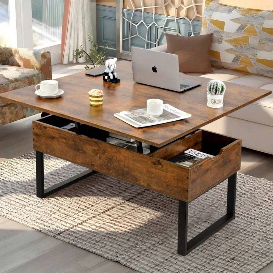 VOWNER 100*100 Cm Coffee Table, Height Adjustable Convertible Into ...