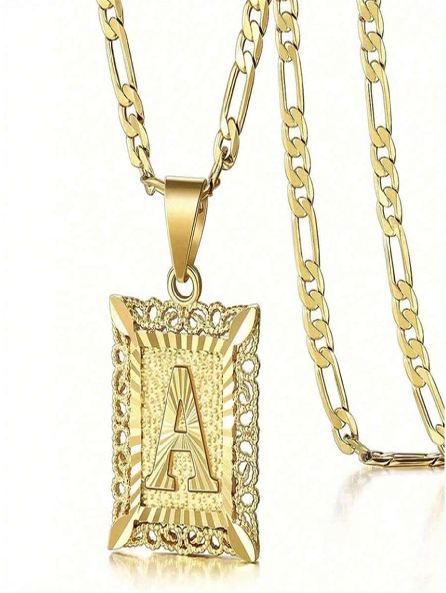 Fashion Light Luxury Stainless Steel Figaro Chain Square Hollow 26-Letter Pendant Necklace Suitable For Banquets And Holiday Daily Wear - 金色 - 查看 1