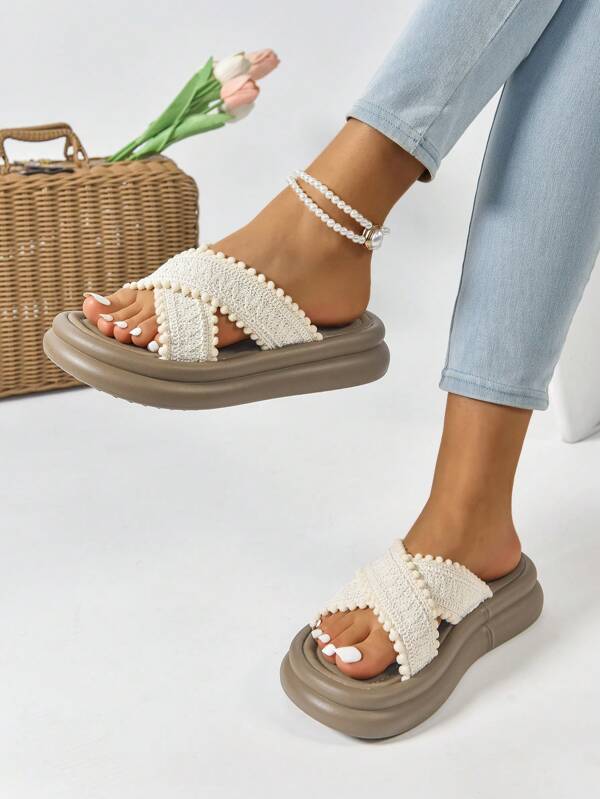 Sandales à orteils ouverts en tricot pour femmes, style féérique, semelle épaisse antidérapante, tongs d'été décontractées pour la plage, tongs plates à brides croisées