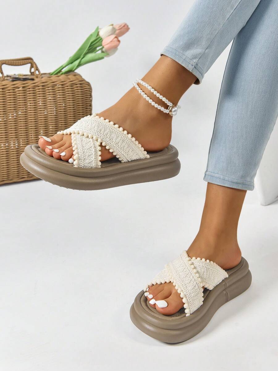 Sandales à orteils ouverts en tricot pour femmes, style féérique, semelle épaisse antidérapante, tongs d'été décontractées pour la plage, tongs plates à brides croisées