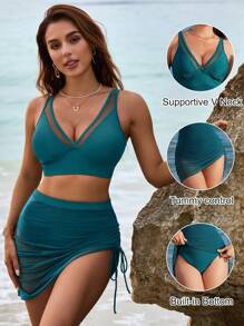 Womens Swim Skirt High Waisted Bikini Sets Tummy Control Swimsuits Mesh Sarong Wraps Bathing Suits - Dark Green - View 2