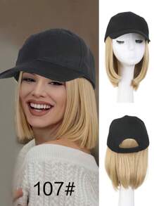 Gorra de béisbol con peluca para mujeres, gorra de béisbol negra con extensiones de cabello sintético rubio liso de 10 pulgadas, gorra de béisbol negra ajustable con peluca tipo bob de cabello rubio, negro y marrón, adecuada para mujeres y niñas