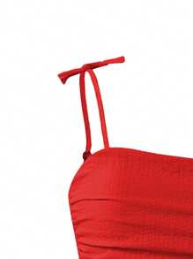 青少年女孩蝴蝶结带褶皱时尚优雅连衣裙 - 紅色 - 查看 4