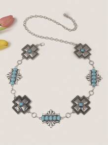 1pc Vintage Metal & Turquoise Bead Cross Pendant, Bohemian Style - Turquoise - View 1