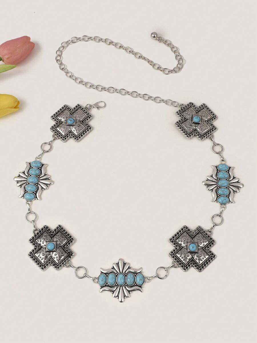 1pc Vintage Metal & Turquoise Bead Cross Pendant, Bohemian Style - Turquoise - View 1