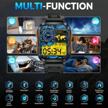 SENBONO 男士智能手表，带无线通话（拨打/接听电话），防水户外运动智能手表，带 LED 手电筒、心率监测健身追踪器、摄像头控制、音乐控制、多种运动模式智能手表，适用于 Android IOS - 黑橙色 - 查看 8