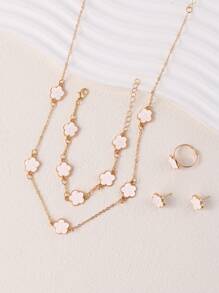 1 Set Girl Jewelry Gift, Includes 1pc Classic Lucky Four-Leaf Clover Pendant Necklace, 1pc Bracelet, 1 Pair Earrings, Perfect Birthday Gift For Back To School Season