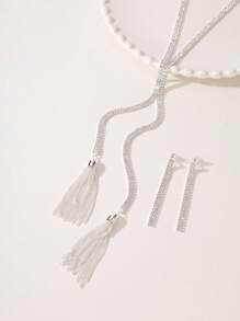 3 件套奢华时尚婚礼派对风格流苏吊坠钻石项链耳环首饰套装，开斋节礼物宴会婚礼舞会首饰 - 銀色LNS0460 - 查看 1