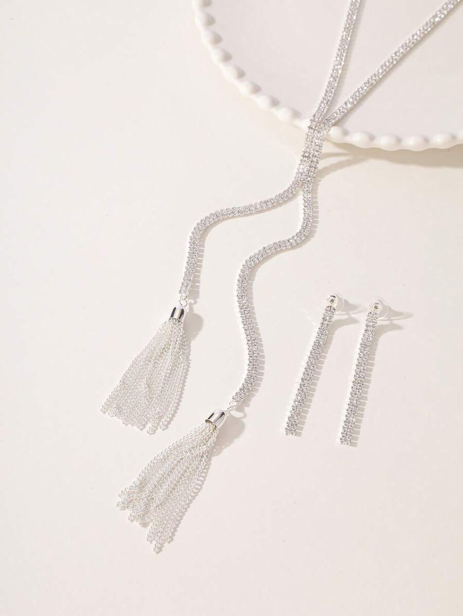 3 件套奢华时尚婚礼派对风格流苏吊坠钻石项链耳环首饰套装，开斋节礼物宴会婚礼舞会首饰 - 銀色LNS0460 - 查看 1