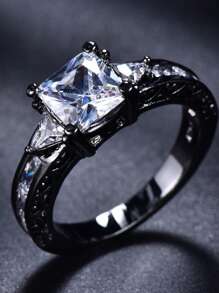 1pc Fashionable Couple Rings - 1pc Stainless Steel Men's Wedding Band & 1pc Elegant Princess Square Cut Women's Engagement/Wedding Ring, Bridal Jewelry Gift - Gun Black - View 11