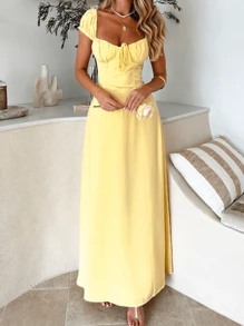 女士夏季低领短袖系带连衣裙，优雅女士长款针织甜心领鸡尾酒裙，胸部饰有褶皱和打结细节，柔软舒适，适合毕业典礼、返校、音乐节、派对等场合。 - 黃色 - 查看 11