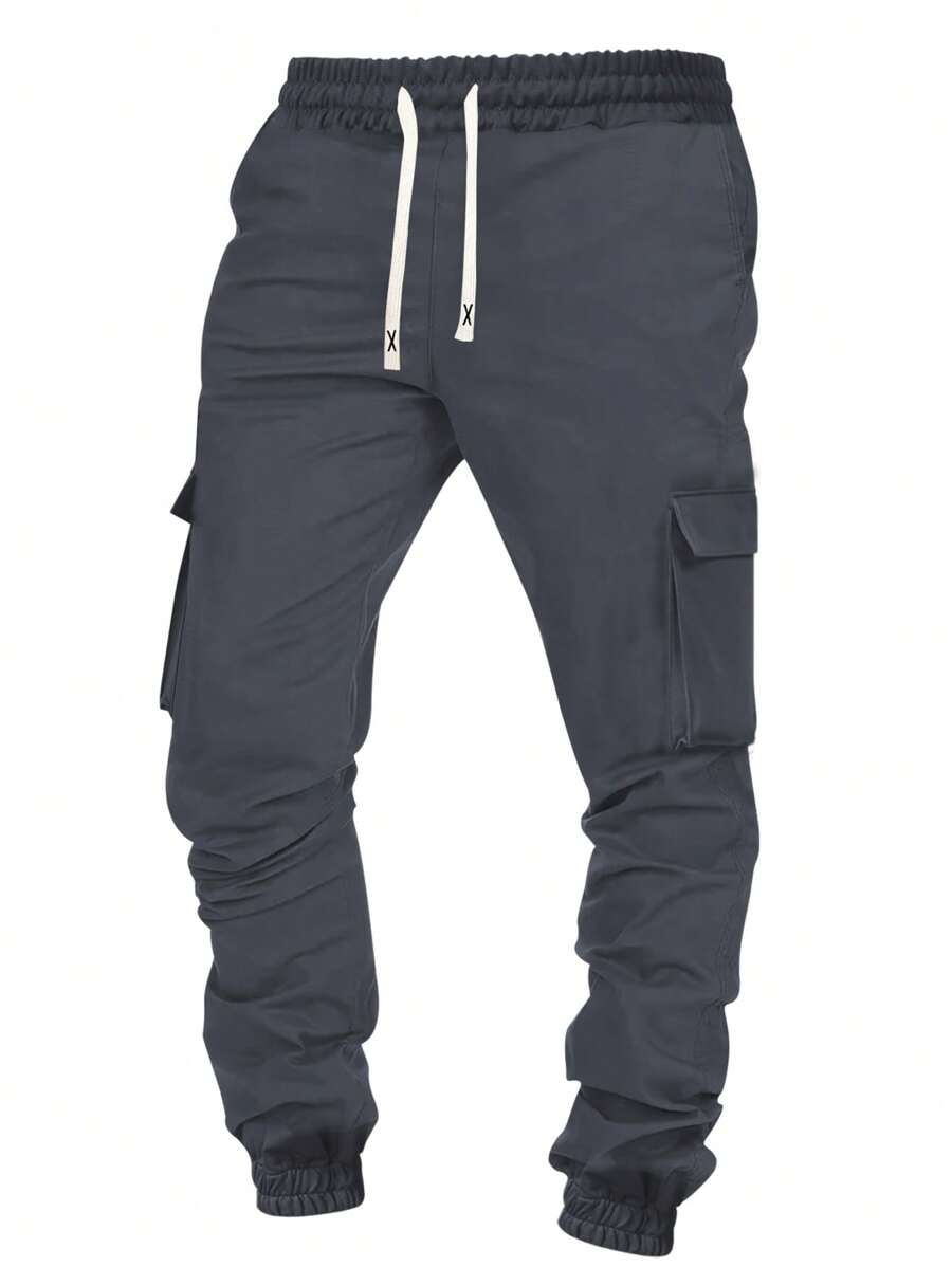 Spring And Autumn New Men's Casual Utility Jogger Sweatpants, Solid Color, Regular Fit, Plus Size, Fitness, Running, Multi-Pocket, Elastic Waist, Drawstring, Ankle Length Jogger Sweatpants - Grey - View 1
