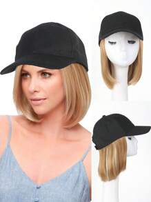 Gorra de béisbol con peluca para mujeres, gorra de béisbol negra con extensiones de cabello sintético rubio liso de 10 pulgadas, gorra de béisbol negra ajustable con peluca tipo bob de cabello rubio, negro y marrón, adecuada para mujeres y niñas