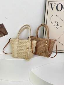 1 件女士度假休闲手提包，大容量，带流苏装饰和吊坠，复古风格单肩包，可拆卸长肩带，适合女大学生、妈妈、办公室女士，个性化创意时尚斜挎包 - 米色 - 查看 8