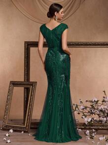 Vestido de noche con cuello redondo y mangas cortas con decoración de lentejuelas para mujer, vestido formal elegante para graduación, cena, fiesta de primavera y vacaciones - Verde Oscuro - Ver 2