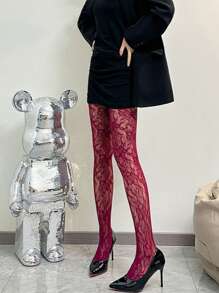 1pc Plus Size Fashionable Versatile Opaque Tights, Floral Fishnet Pattern Socks, Thin Lace Knitted Transparent Hosiery, Sexy Cute Stockings, Great For Dates, Parties, Autumn And Summer