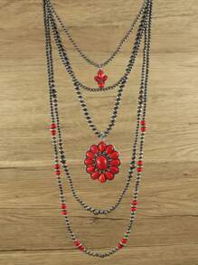 Bộ 4 chiếc/bộ vòng cổ dài đính hạt giả ngọc lam & đỏ cổ điển, phong cách Boho Cowgirl, quà tặng hoàn hảo cho sinh nhật, năm mới, ngày lễ tình nhân, phong cách nghỉ dưỡng miền Tây/Cowgirl, hạt Bohemian cổ điển - Đỏ - Xem 3