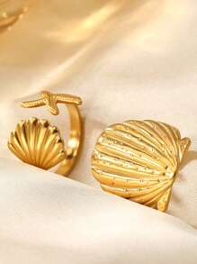 2 件海星和贝壳戒指，时尚海滩度假风格手指首饰 - 金色 - 查看 2